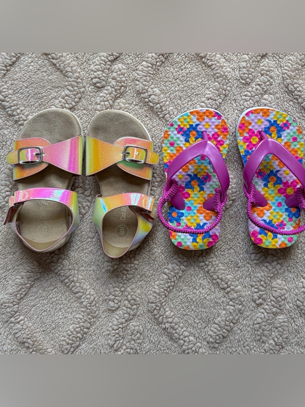 Girls Sandal Bundle - Floral Iridescent Summer Shoes With Ankle Straps, Size 5/6
